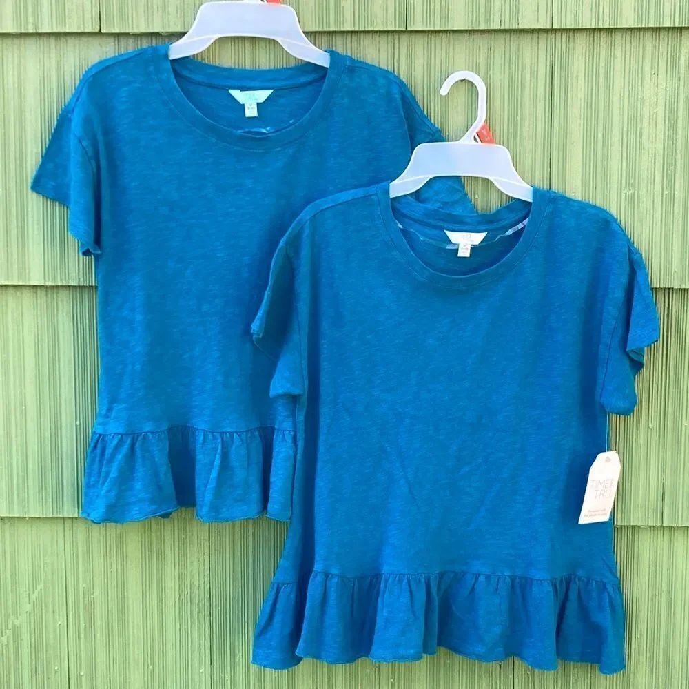 Women’s Short Sleeve Cotton Washed Peplum Top, Shirt Raw Edge Hem 2-Pack Size M